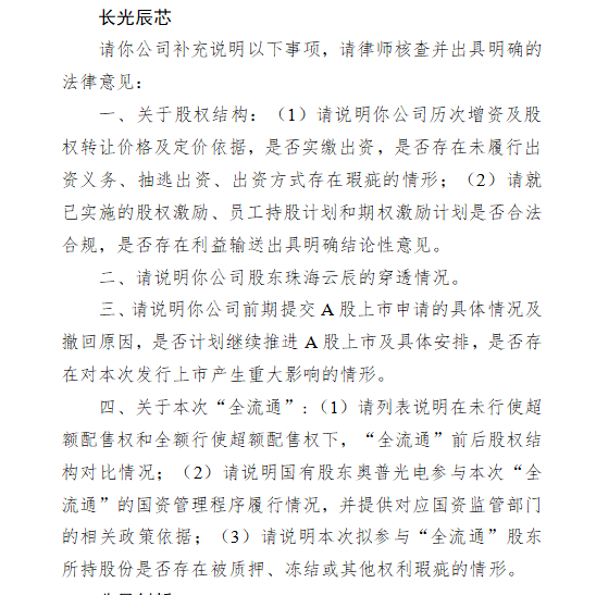 千层金 长光辰芯港股上市收到证监会反馈意见 需说明股权结构、股东穿透及撤回上交所科创板上市等问题